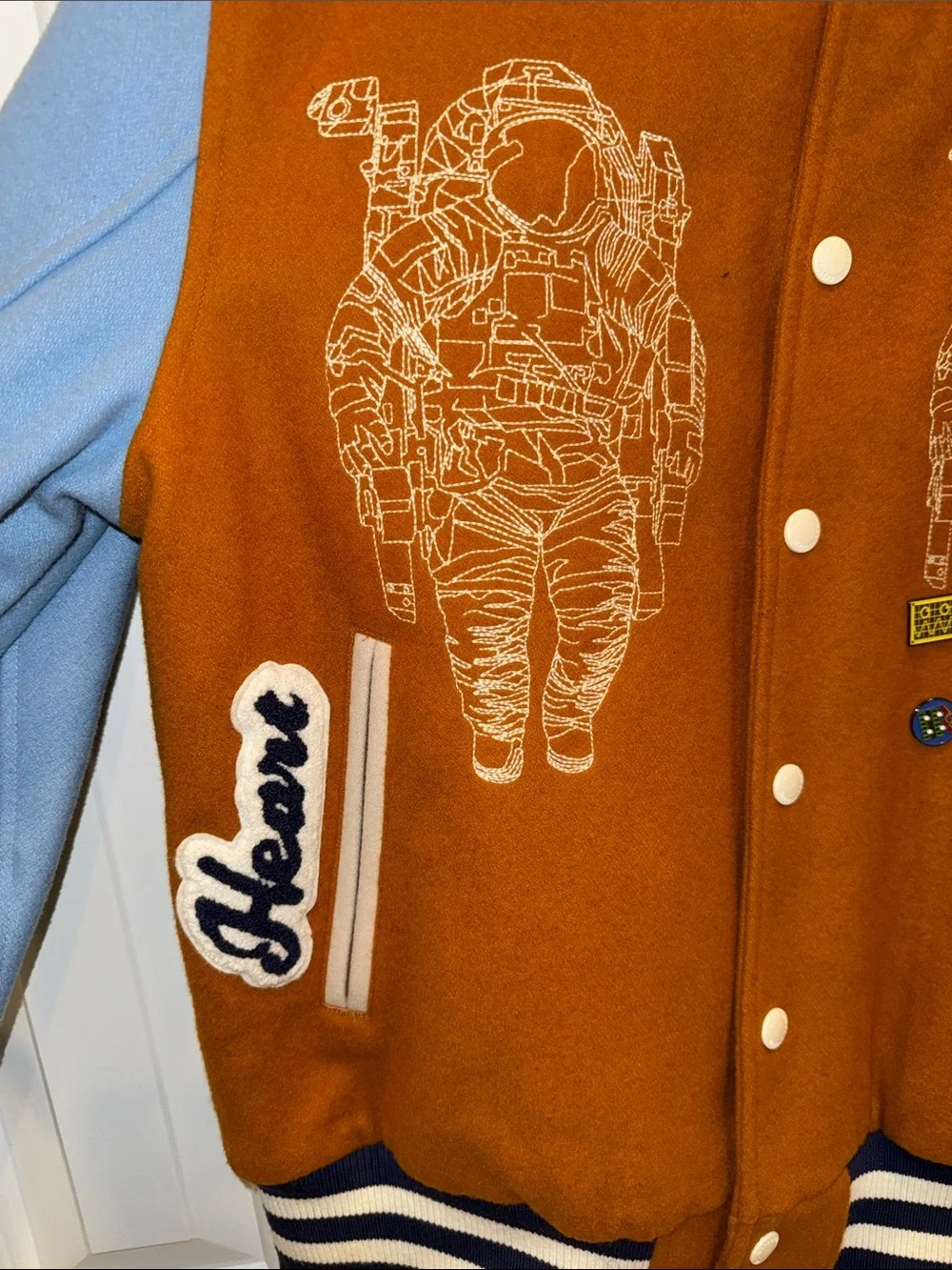 Billionaire Boys Club Brown Varsity Jacket with Light Blue & Neon Green Sleeves